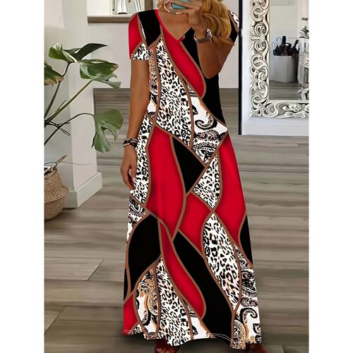 Printed V-neck waist cinching long dress印花V领收腰连衣长裙