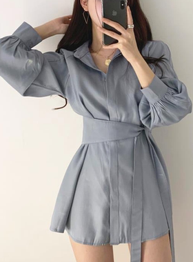 Solid Color Waist Shirt Casual Suit Skirt纯色收腰衬衫套装裙