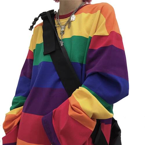Rainbow striped long sleeved loose Tshirt彩虹条纹长袖宽松T恤