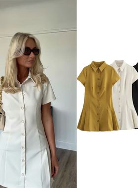 Collar breasted jumpsuit short skirt翻领收腰单排扣连衣短裙女