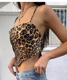 Leopard Slim Fit Slim Neck Sling Sling豹纹修身一字领修身吊带