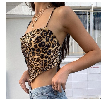 Leopard Slim Fit Slim Neck Sling Sling豹纹修身一字领修身吊带