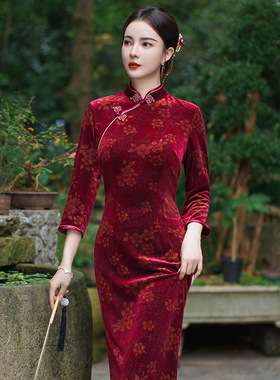 Printed buttonUp short sleeved cheongsam印花盘扣开叉短袖旗袍