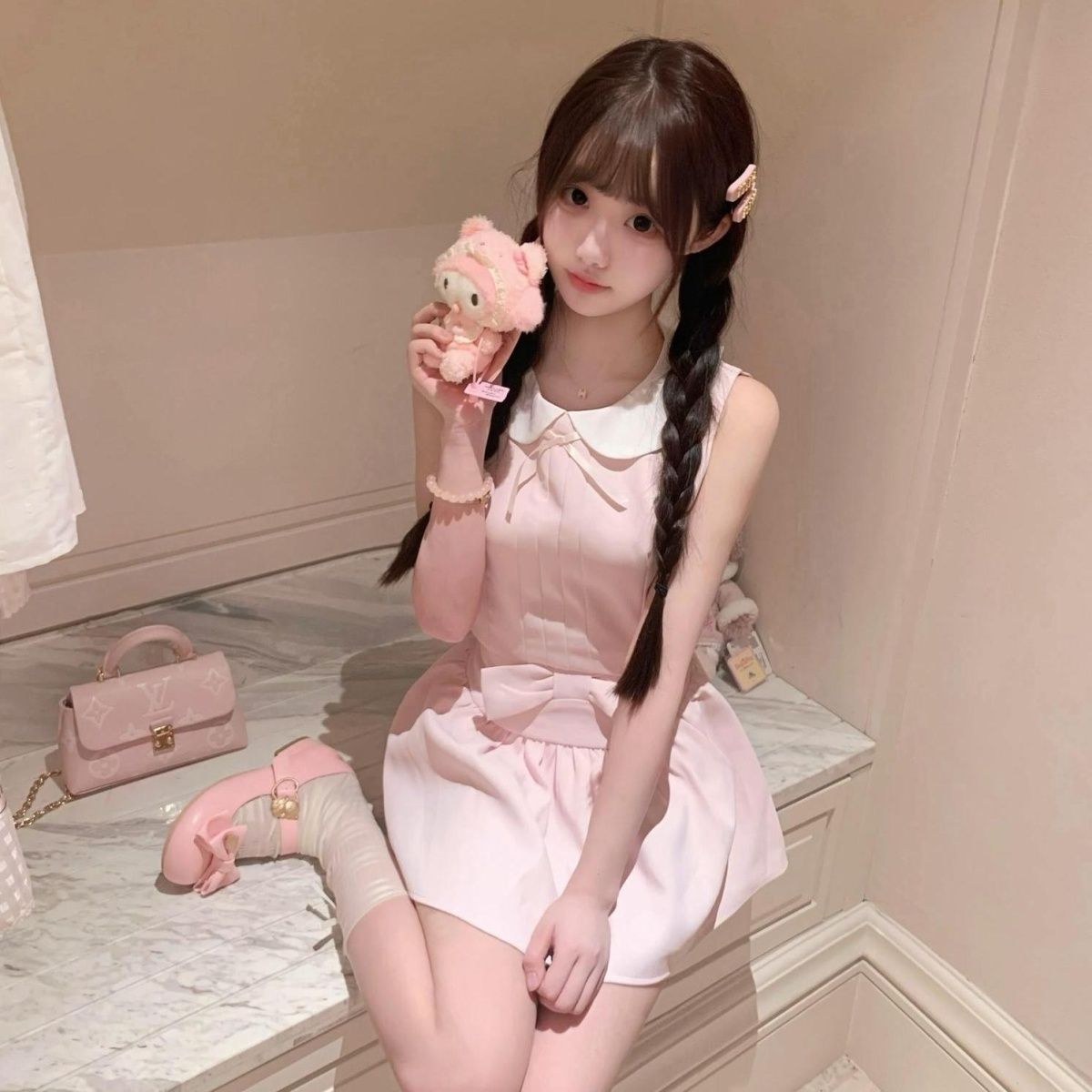 修身撞色娃娃领无袖背心上衣女夏季学院风套装蝴蝶结半身裙两件套