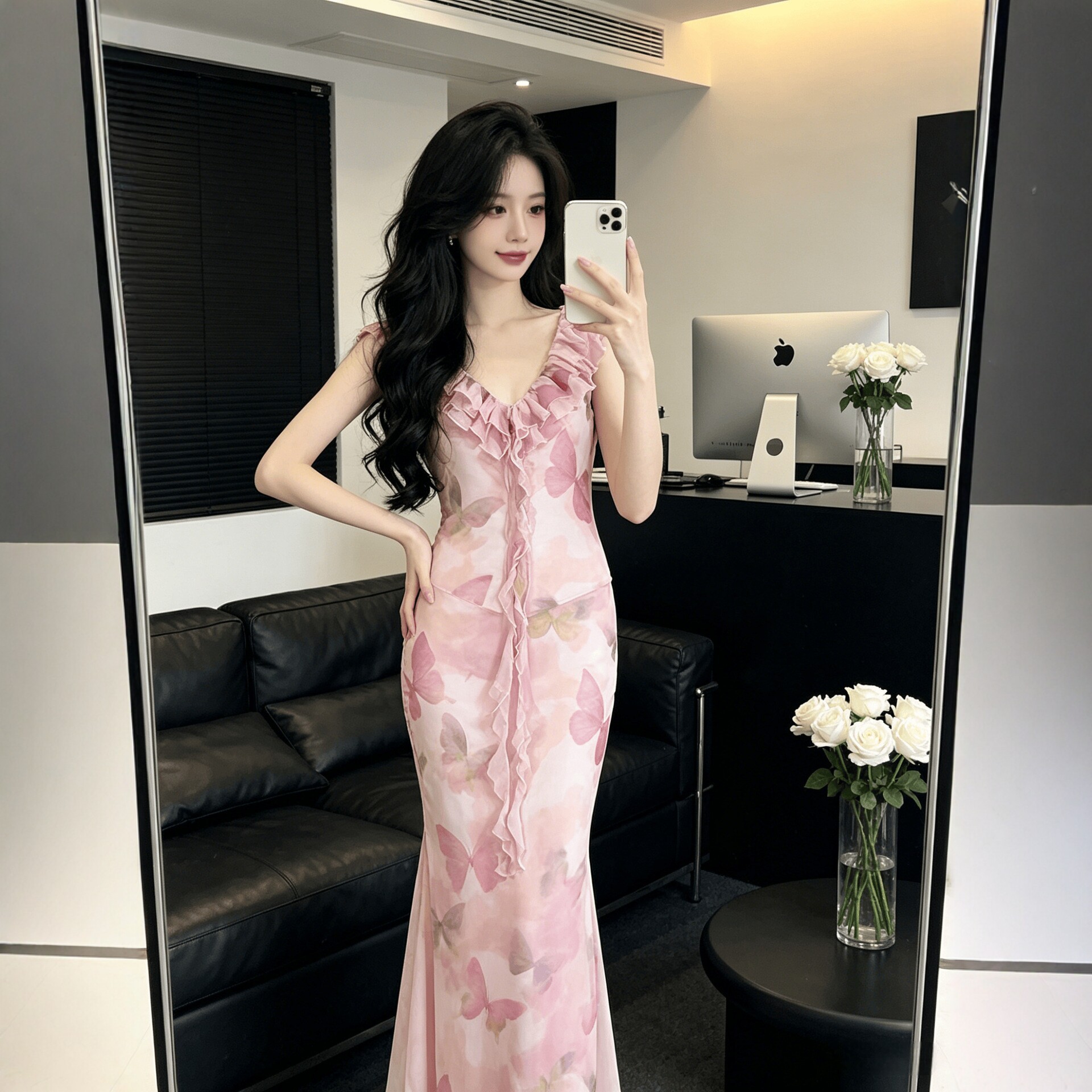 法式蝴蝶印花吊带长裙女夏季修身收腰鱼尾裙纯欲风度假风连衣裙