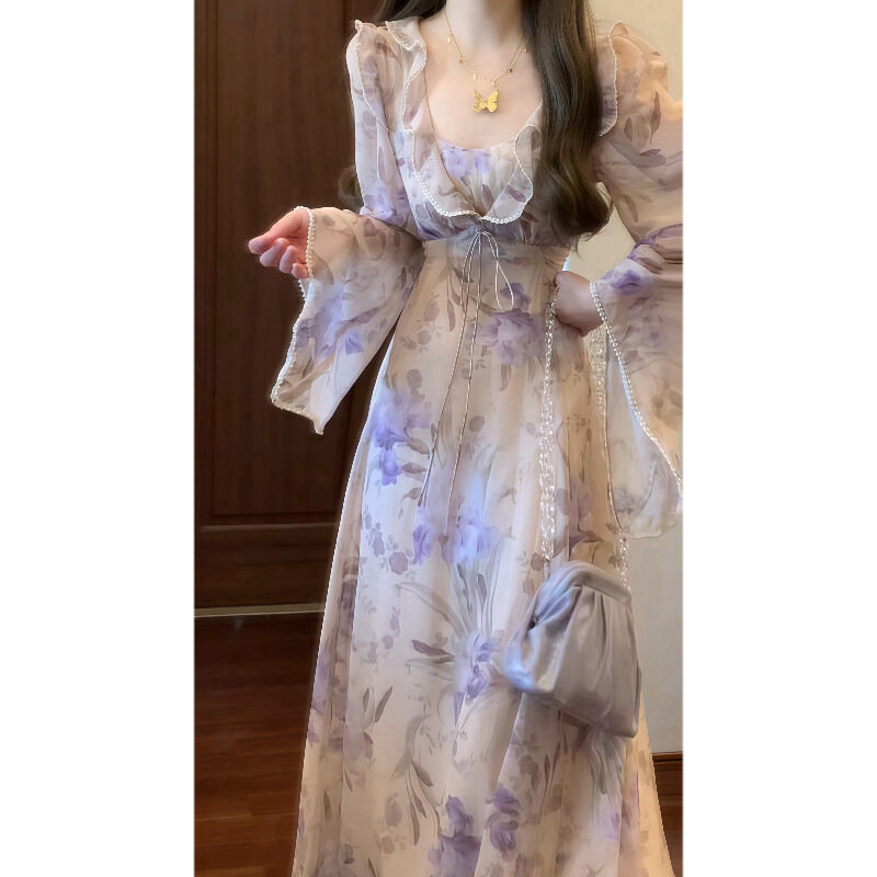 海边度假风法式长裙女温柔鸢尾花印花荷叶边喇叭袖收腰修身连衣裙