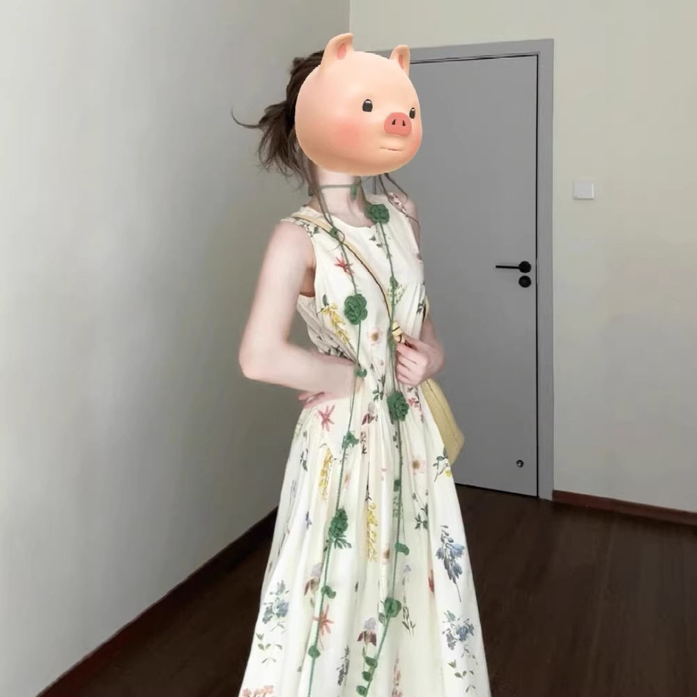 感法式无袖背心碎花连衣裙子女夏季2026年新款海边度假气质长裙