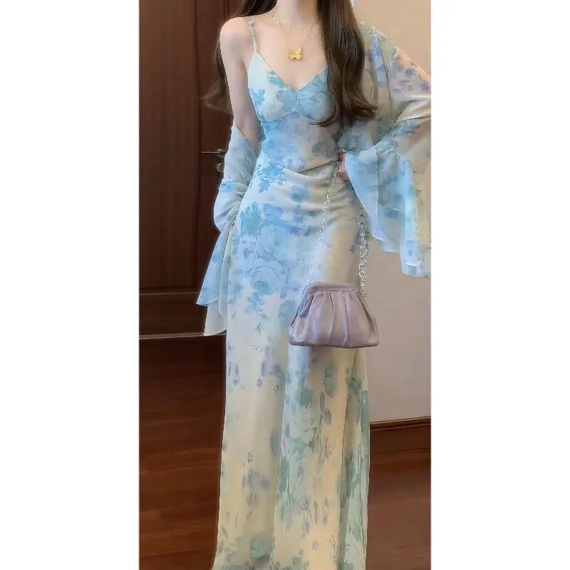【青花】法式温柔贵气女人蓝色碎花吊带连衣裙&防晒空调开衫8232