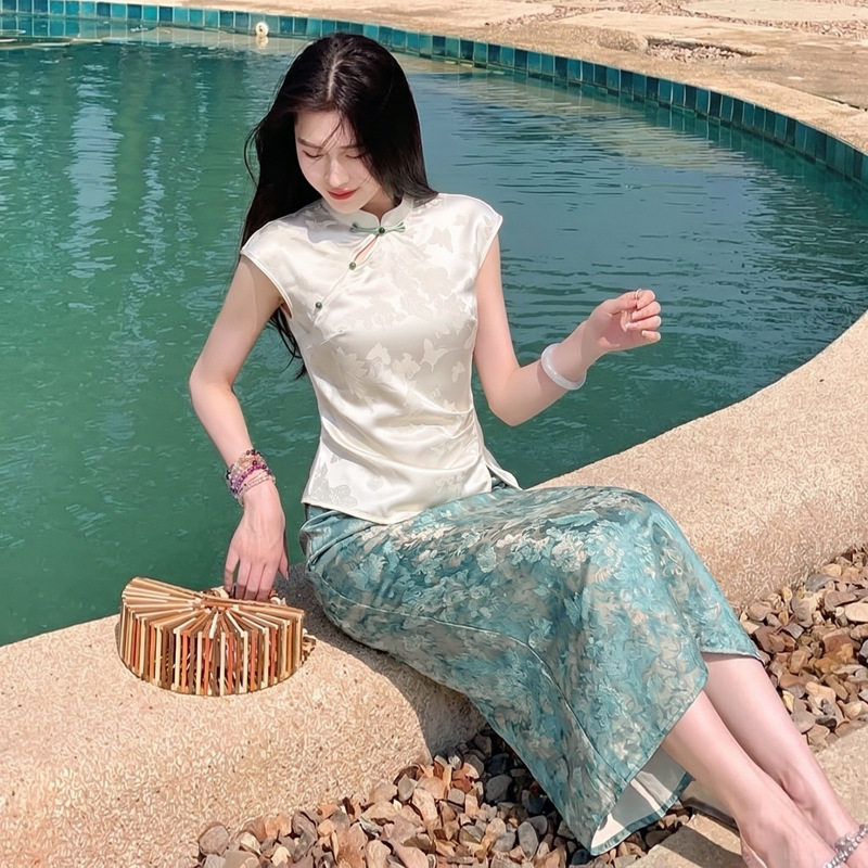 【两件套】新中式国风女子夏季漂亮时尚气质修身印花裙改良款套装