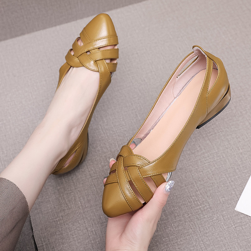 凉鞋女2021夏季新款真皮尖头低跟镂空女士皮鞋大码妈妈单鞋41一43,女鞋,时装凉鞋,淘宝优惠券,粉丝福利购,淘宝优惠卷