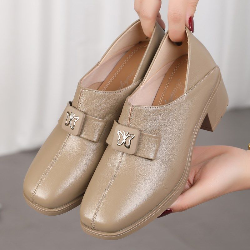 真皮粗跟单鞋2025春夏新款百搭软底工作鞋一脚蹬方头女鞋深口皮鞋,女鞋,深口单鞋,淘宝优惠券,粉丝福利购,淘宝优惠卷