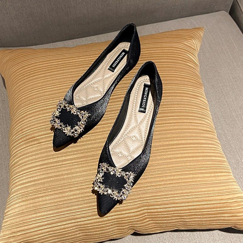 2024春秋新款韩版尖头方扣水钻仙女平底单鞋女浅口百搭软底瓢鞋女,女鞋,浅口单鞋,淘宝优惠券,粉丝福利购,淘宝优惠卷