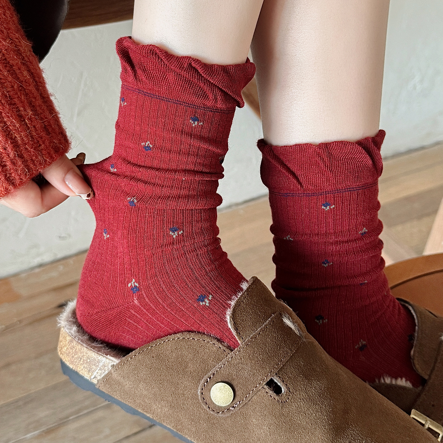 红色袜子女本命年花边碎花堆堆袜马年秋冬季中筒袜ins潮流礼盒装