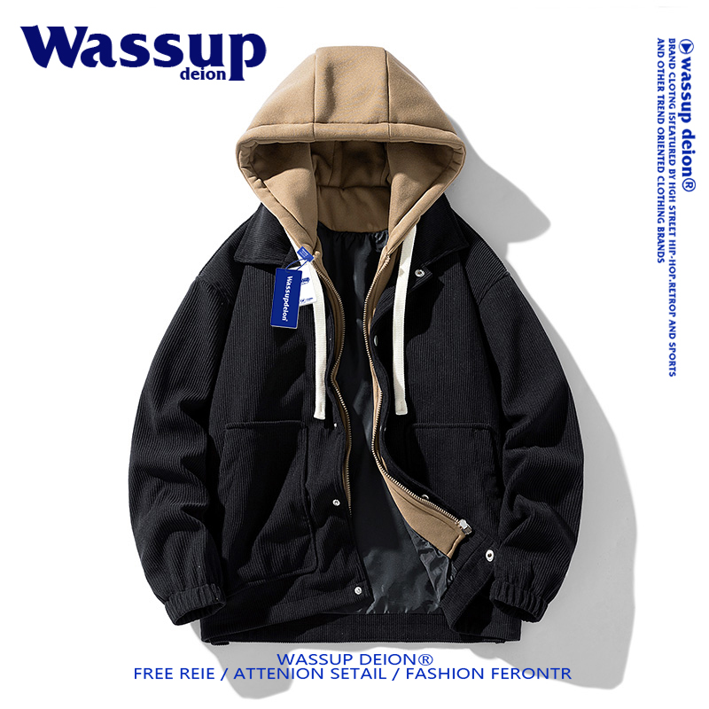 灯芯绒假两件连帽夹克外套男秋季