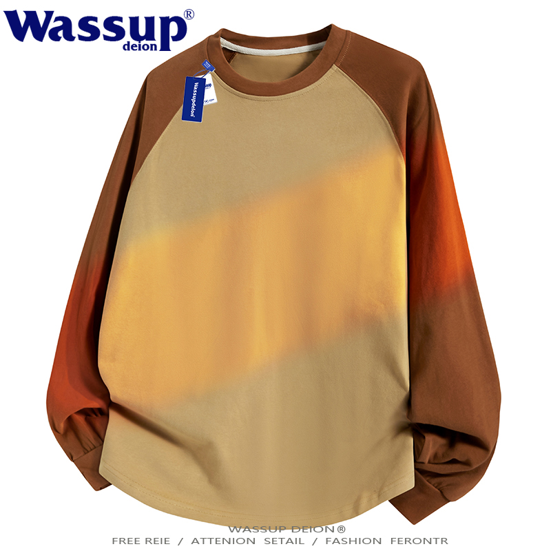 wassupdeion纯棉拼色长袖T恤男春秋季日系学院风慵懒情侣款套头衫