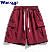 DEION潮牌安哥拉红工装 五分裤 子男夏季 WASSUP 宽松凉感情侣沙滩裤