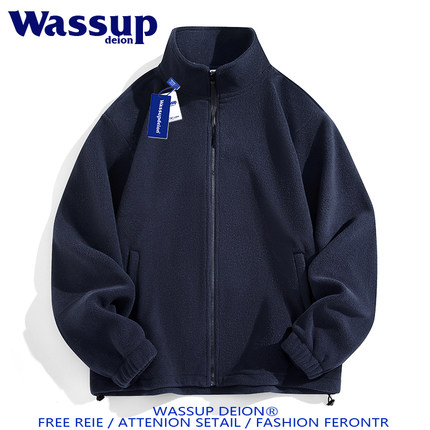 wassupdeion冬季立领开衫抓绒卫衣男ins潮流摇粒绒自发热保暖外套