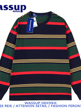 wassupdeion春秋季纯棉条纹卫衣男潮牌长袖T恤情侣款宽松套头衫女