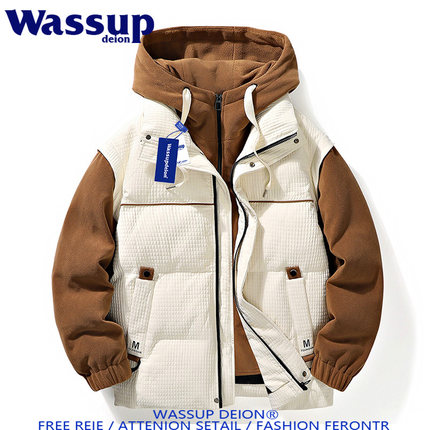 wassupdeion美式假两件连帽羽绒棉服冬季2024新款潮牌加厚棉衣男