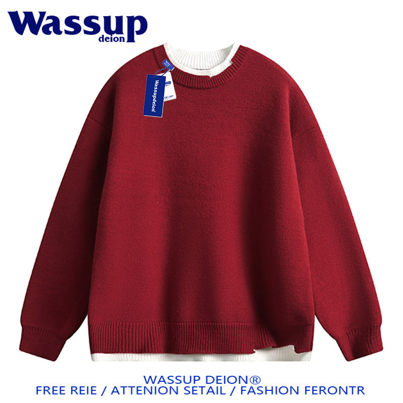 wassupdeion美式针织假两件毛衣男秋冬季酒红色百搭情侣款套头衫