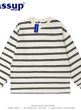 wassupdeion美式长袖条纹T恤卫衣男春季男女款百搭套头打底衫纯棉