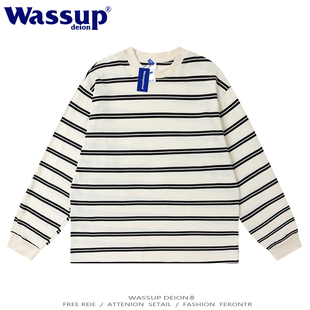 百搭套头打底衫 wassupdeion美式 男女款 条纹T恤卫衣男春季 纯棉 长袖