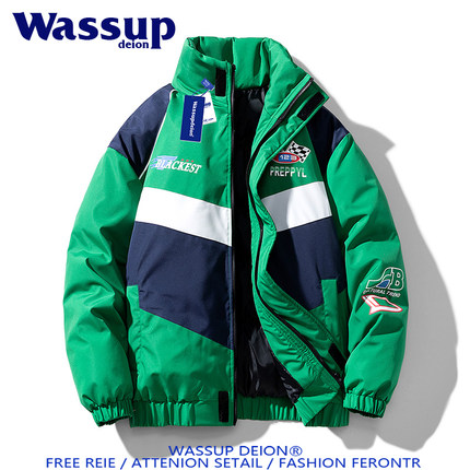 wassupdeion美式机车立领棉服男冬季潮牌情侣款保暖羽绒棉衣外套