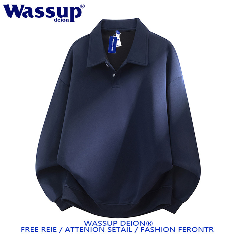 wassup deion日系翻领POLO衫套头卫衣男春季长袖情侣款藏青色上衣