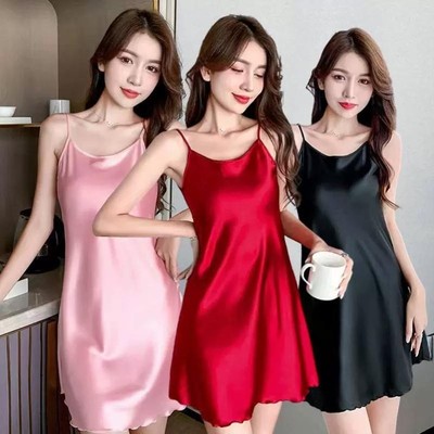 睡衣女夏季2024新款冰丝吊带圆领薄款性感睡裙高级感丝绸家居服
