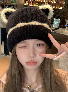韩版秋冬新款可爱耳朵帽子女日系针织毛线帽冬季保暖包头帽冬季
