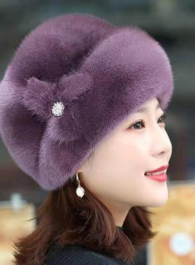 冬季帽子女时尚新款仿水貂毛妈妈帽整貂仿皮草包头帽保暖贝雷帽潮