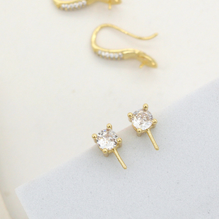 东夏饰品 14k镀金锆石镶嵌银针戴妃耳钉 手工diy半孔珍珠粘乐耳钩