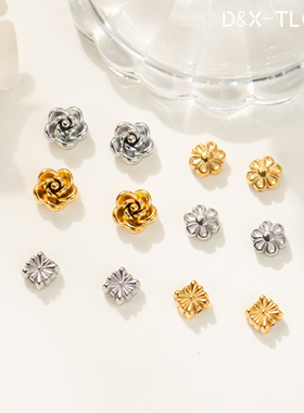 东夏饰品 钛钢山茶花隔珠 炉内电镀18K金方形烟花隔珠通孔散珠