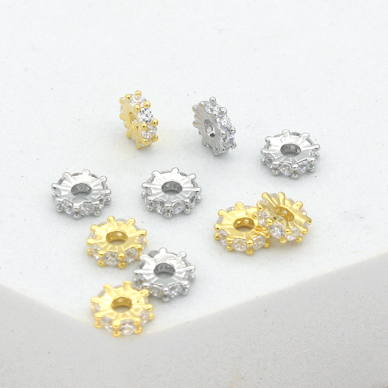 东夏饰品 S925纯银镀金齿轮锆石隔片手工diy手链项链车轮隔珠散珠