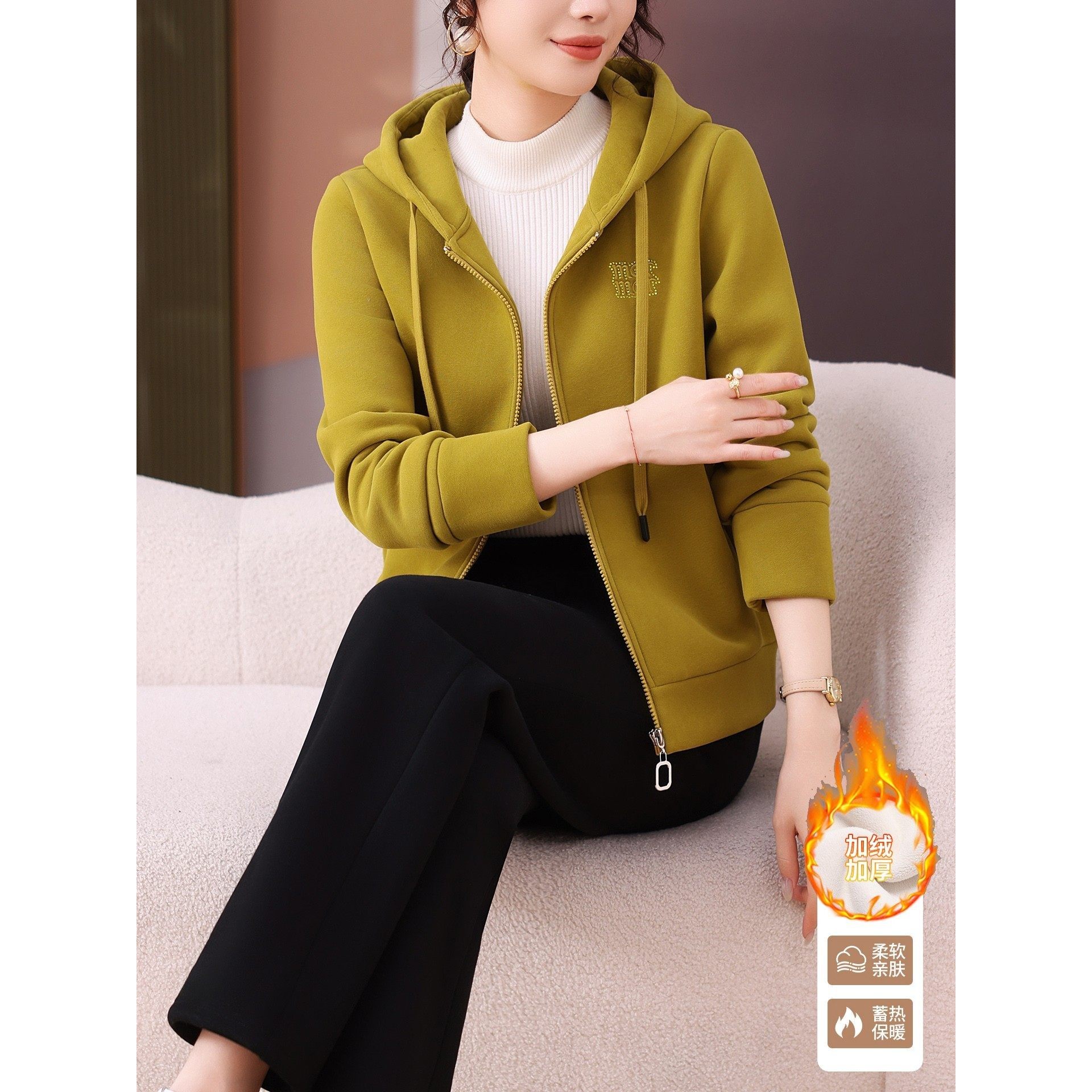 飞乐峰行加绒运动套装女秋冬中年妈妈外套宽松加厚卫衣连帽休闲服