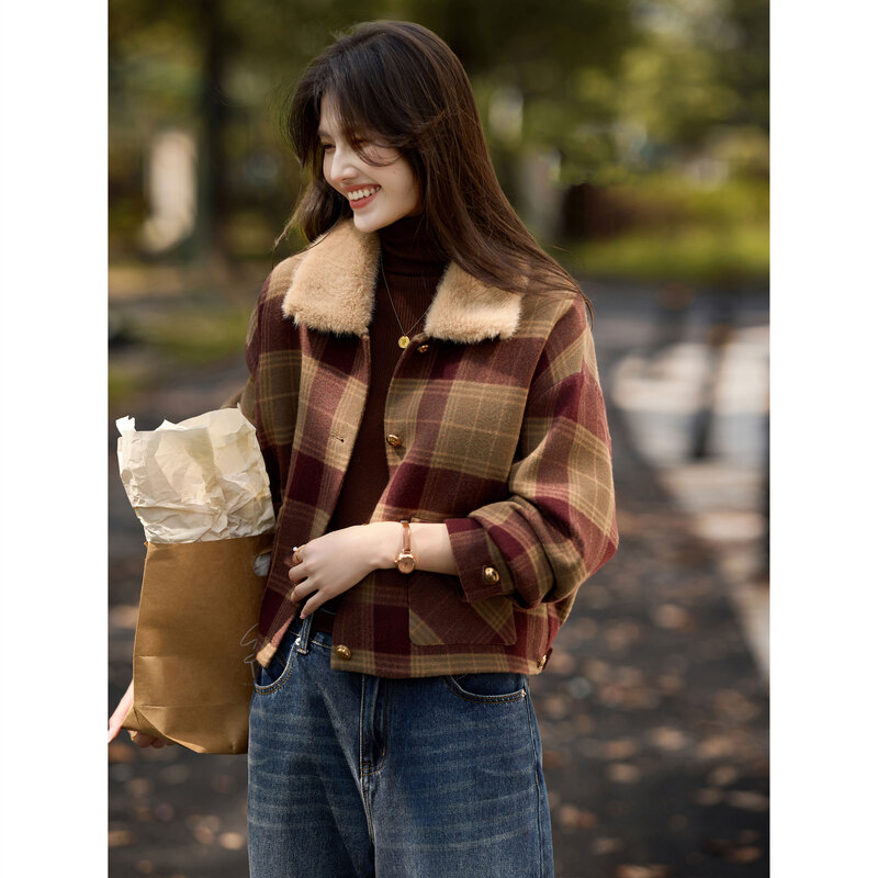 苏醒的乐园2024冬季时尚宽松显瘦呢子外套翻领格子单排扣大衣