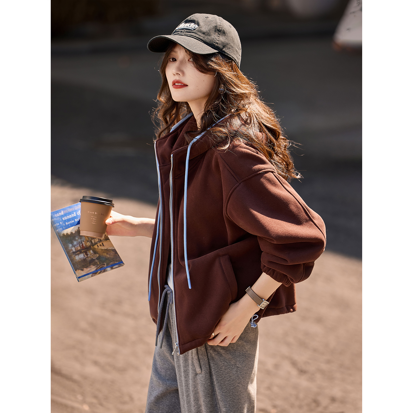 苏醒的乐园运动百搭夹克冬季时尚休闲厚款加绒卫衣抽绳开衫外套