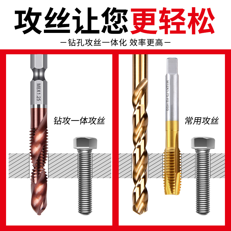 钻攻一体复合丝锥套装螺纹丝攻打孔钻孔攻牙攻丝钻头自攻螺丝专用