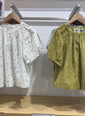 试衣间出品2025春款印花泡泡袖短袖衬衫圆领衬衣女K475655/477604