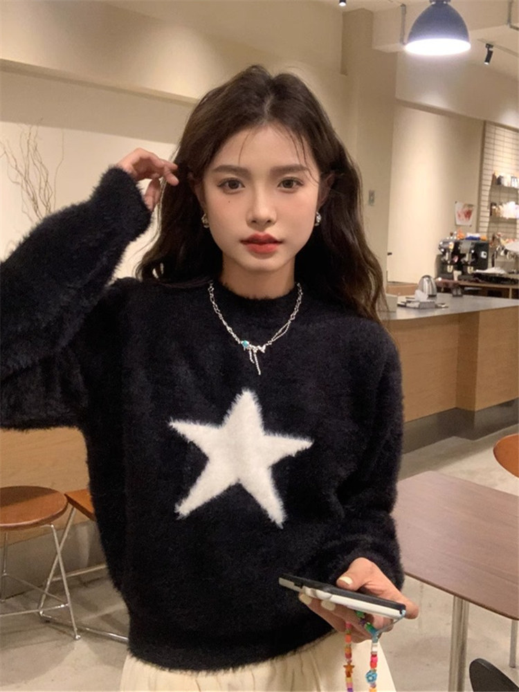 가을과 겨울 부드럽고 밀랍인 짧은 모헤어 게으른 스타일 니트 외부 탑 여성용 블랙 스타 자수 풀오버 스웨터