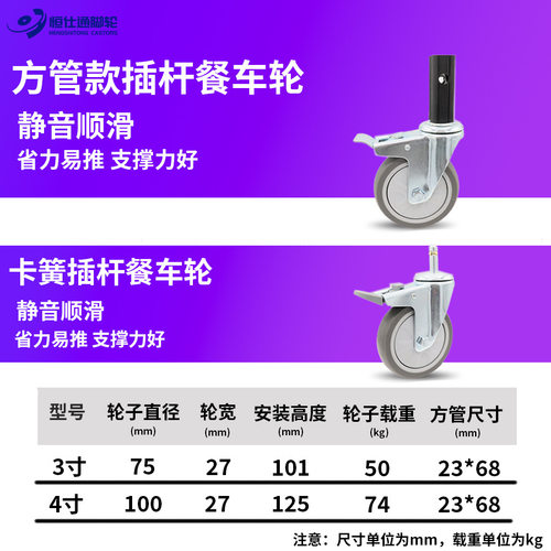 中型轮子3寸4寸方管插杆卡簧酒店收餐车万向刹车脚轮万向轮带刹车