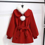 红色毛呢娃娃领夹棉收腰外套加厚女2025深冬新中长款 过年战袍大衣