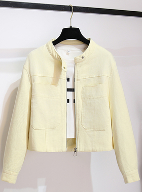 今年流行的奶黄色圆领牛仔衣外套女2025早春秋季新短款小香风夹克