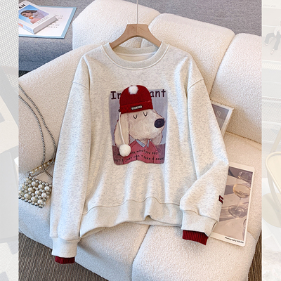 花灰色圆领无帽卫衣加绒加厚秋冬