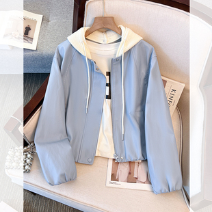 针织连帽拼接pu皮衣夹克女2026初春秋季新款蓝色爆款洋气短款外套