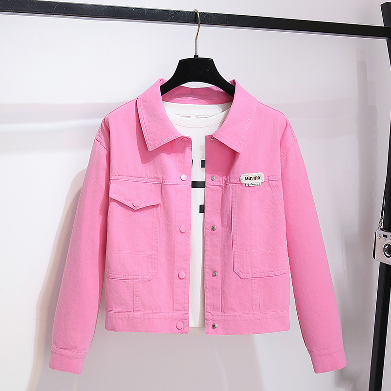 今年流行女粉色立领牛仔衬衫外套