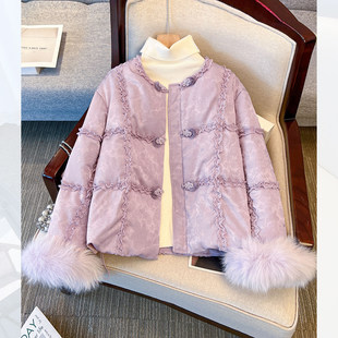 2026超火新中式国风紫色提花蕾丝花边羽绒服女装冬季新款加厚外套