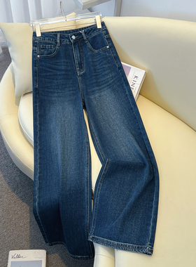 复古蓝色高腰窄版阔腿牛仔裤女2025秋季新款超火爆款直筒裤小个子