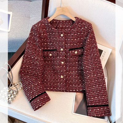 红色粗花毛呢子夹棉外套加厚短款