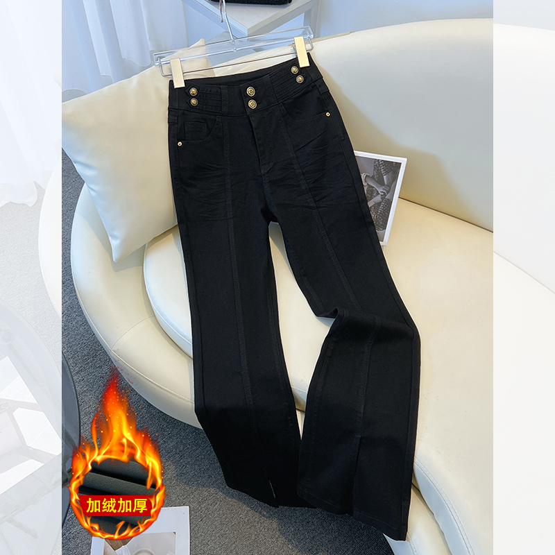 前开叉微喇叭牛仔裤女加绒加厚